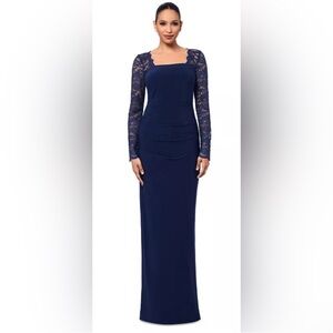 Betsy & Adam Navy Long Sleeve Lace Dress